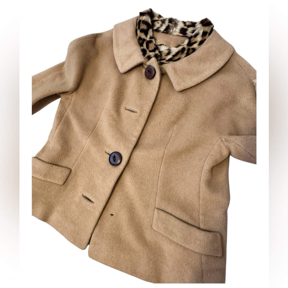 Vintage 50s Tan Pea Coat with Leopard Print collar S